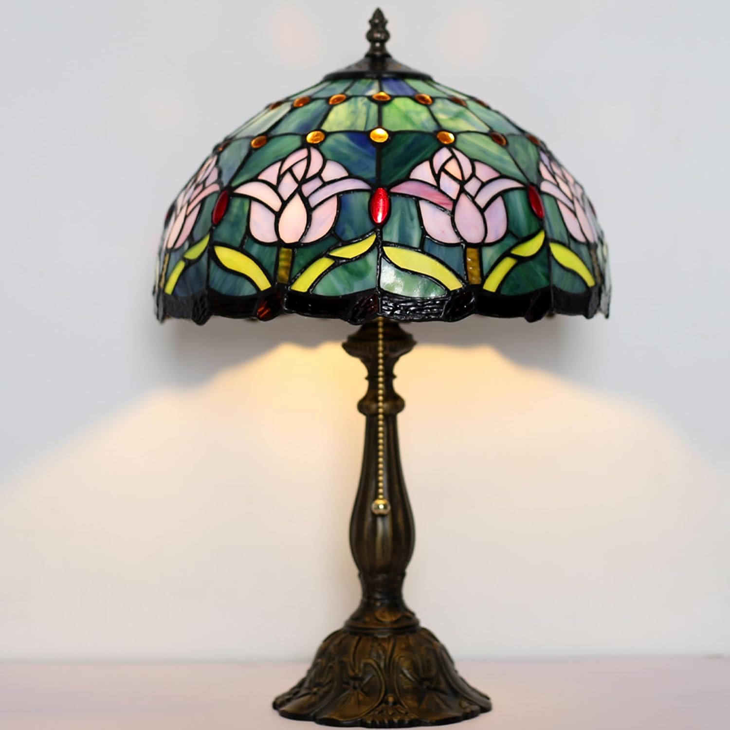 Tiffany Lamp Stained Glass Bedside Table Lamp Pink Tulip Style Desk Reading Light 12X12X18 Inches Decor Bedroom Living Room Home Office