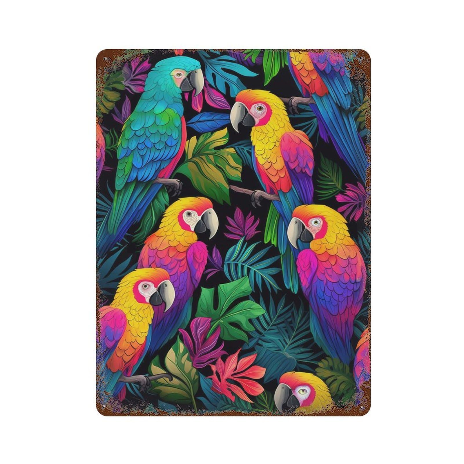 Macaw Gathering Rusty Metal Tin Sign 15.7"x11.8", Ideal for Pub, Kitchen And Man Cave Decor