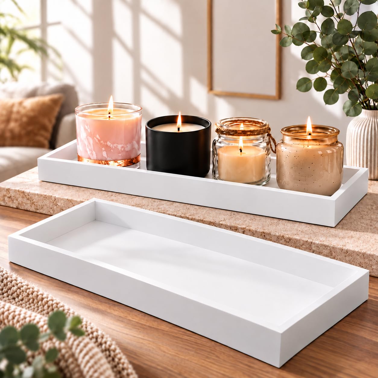 2X Dekotablett Länglich Kerzenteller Holz: Deko Tablett Rechteckig Weiß Kerzentablett für Teelichter Holztablett Klein Modern Weiss Dekoteller Lang Holzteller für Küche Tisch 40cm