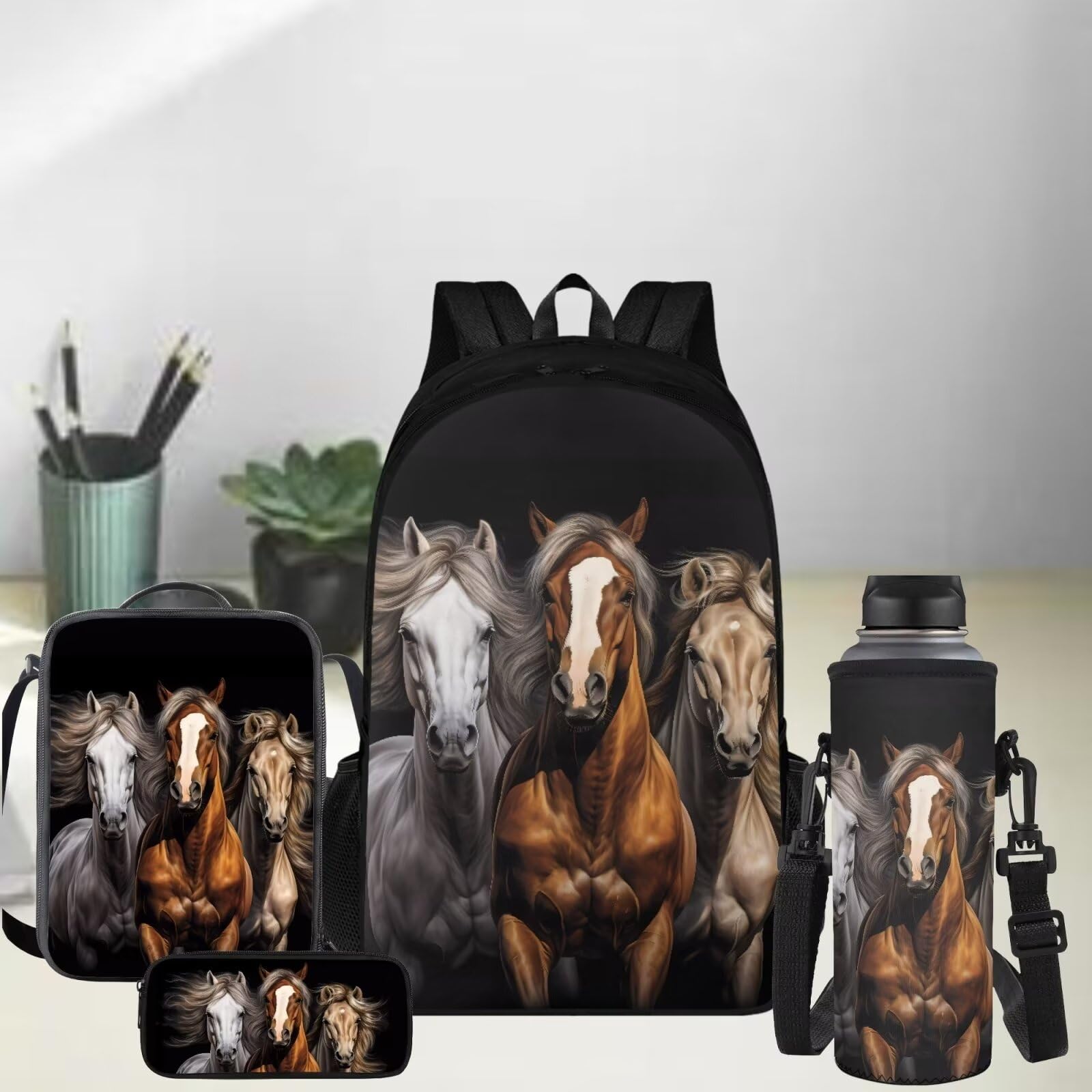 COEQINE Juego de 4 mochilas con temática de caballos para niños, adolescentes, niñas, lonchera, estuche para lápices, botella de agua grande, Caballos negros