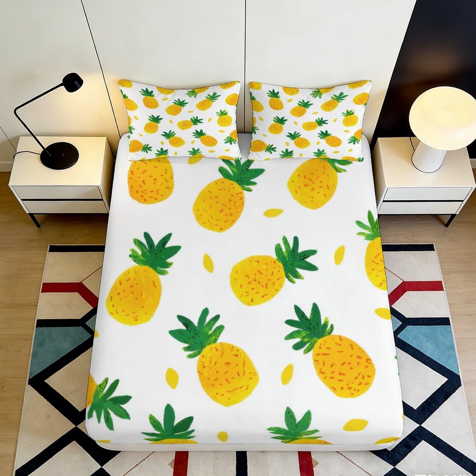 3D Printed Pineapple Fruit Pattern Fitted Sheet Microfiber Mattress Cover Non Slip Easy Care for Bedroom Dorm Decor 90x200x25cm