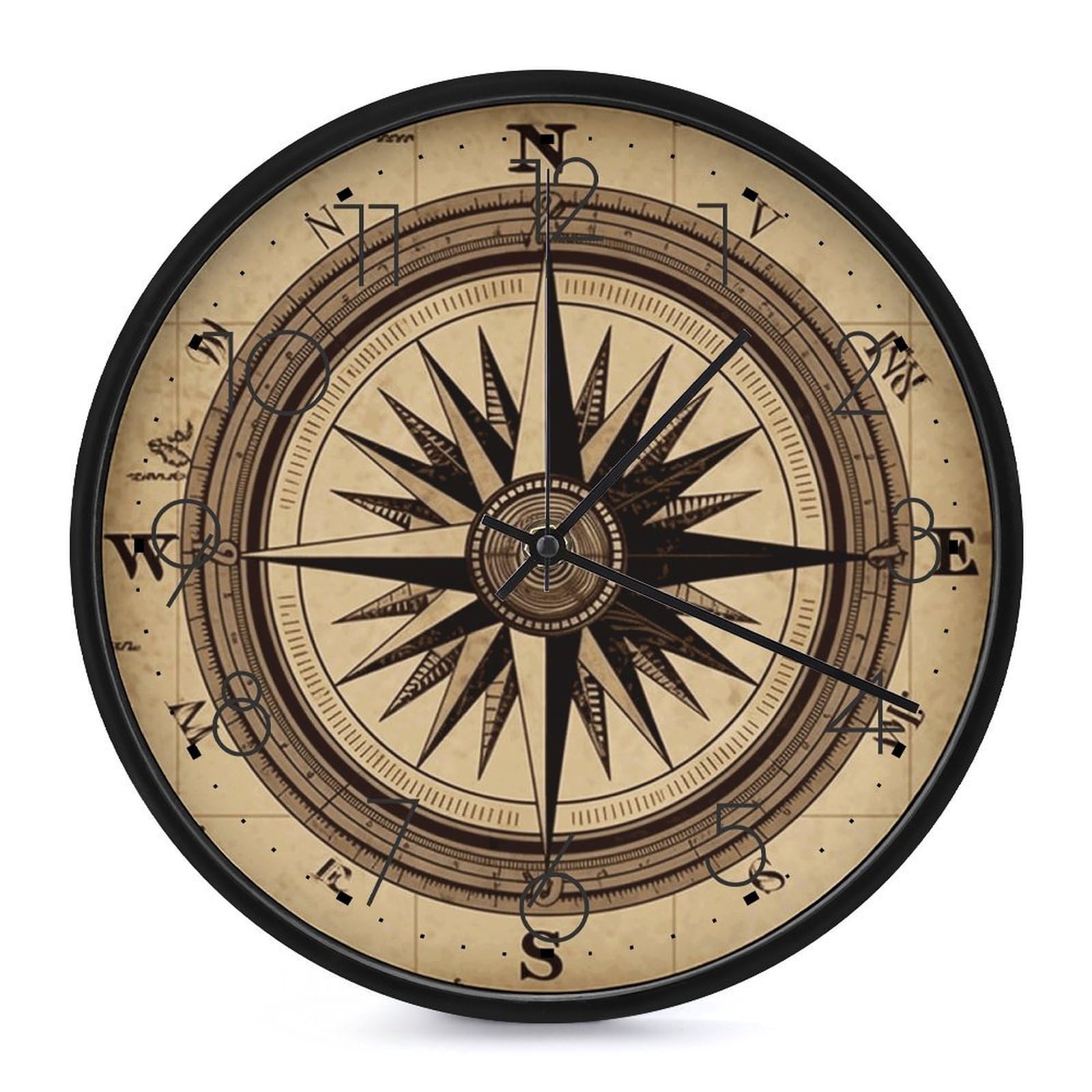 DWVTSLH Compass Wind Road Map Wall Clock 10 Inch Silent Non-Ticking Modern Clocks Battery Operated - Decorative Wall Clocks for Bedroom Living Room Kitchen Office Wall Decor Gift Idea