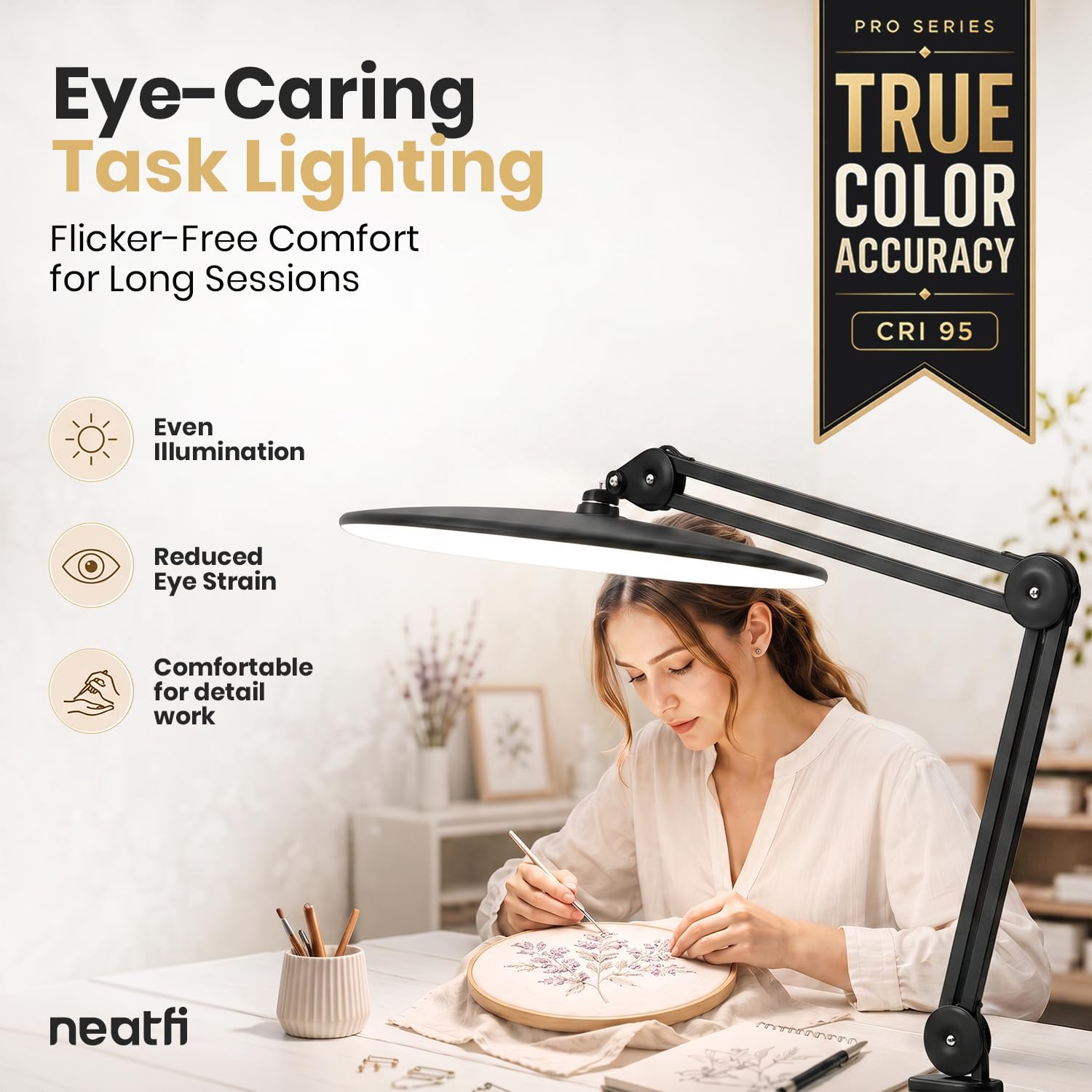 Neatfi Pro Series XL Lampada da Scrivania LED | 2.200 Lumen | 24W | CRI 95 | Barra Luminosa da 51 CM | Dimmerabile | Braccio Regolabile | Casa, Ufficio, Hobby Creativi (Nero, Senza CCT con morsetto)
