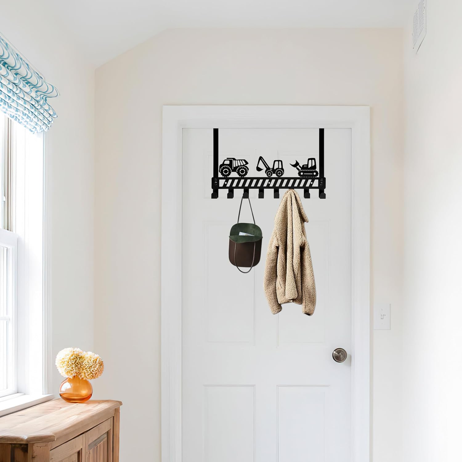 Toddler Boy Room Decor with Construction Truck Hooks, Kids Wall Organizer | Coat rack, toddler bedroom, nursery storage, truck theme decor, little boy gifts, sturdy metal construction, 8 Hook Organizer