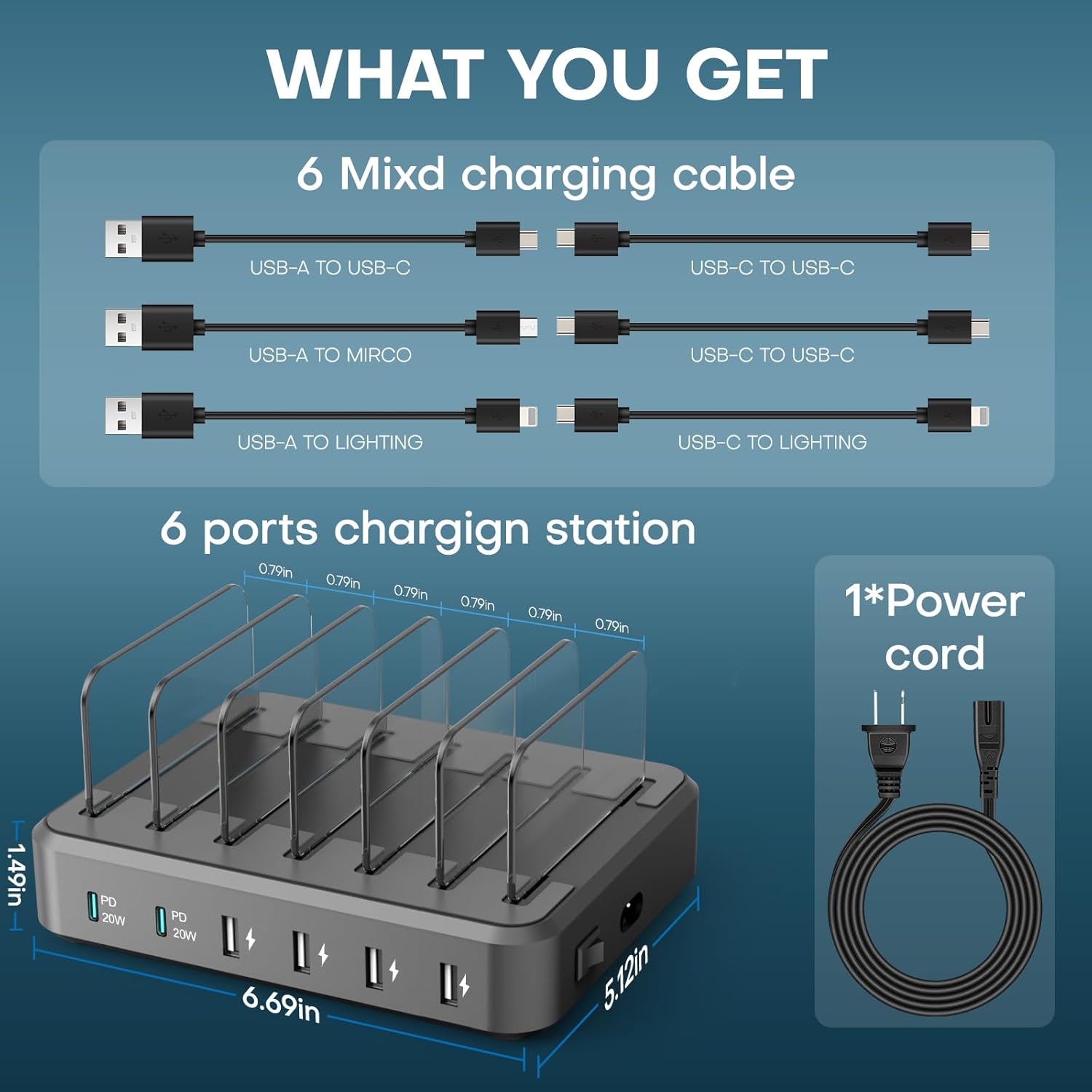 Charging Station for Multiple Devices,65W 6 Port Multi USB C Fast Charger Station with 6 Mixed Charging Cables,Charging Dock Compatible with iPhone iPad,Cell Phone,Tablets Android and More