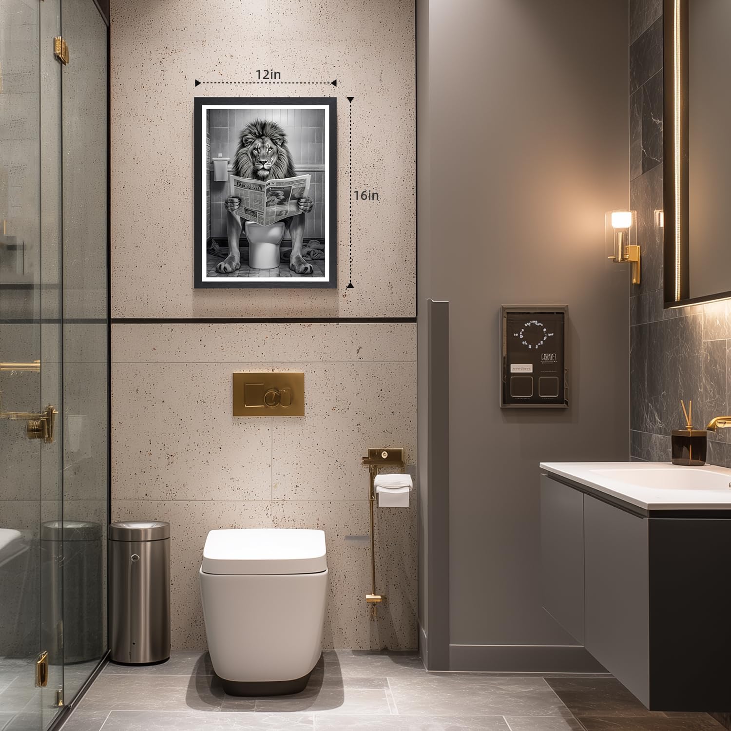 TSTVO Wood Framed Funny Bathroom Wall Art, Majesty Lion Reading Newspaper Wall Decor, Black White Cute Animal Canvas Painting, Humorous Lion on Toilet Poster Print for Bathroom Restroom 16x24 Inch