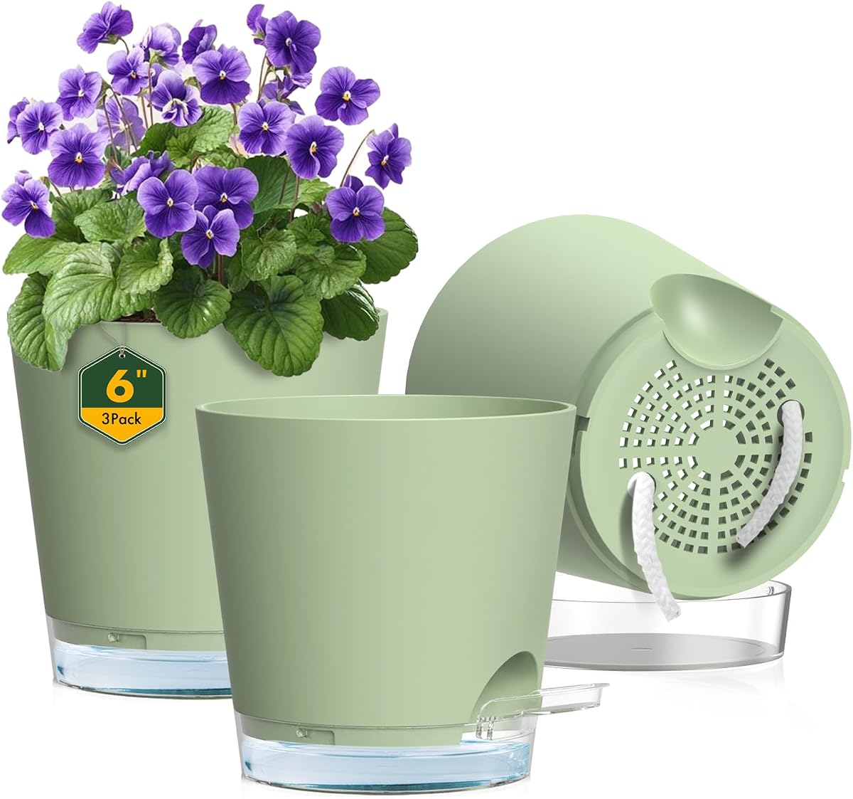 Meowell Macetas de riego automático de 6.0 in para plantas de interior y exterior, paquete de 3 macetas con agujeros de drenaje y depósitos transparentes, nivel de agua visible, maceteros de plástico con cuerda absorbente, verde
