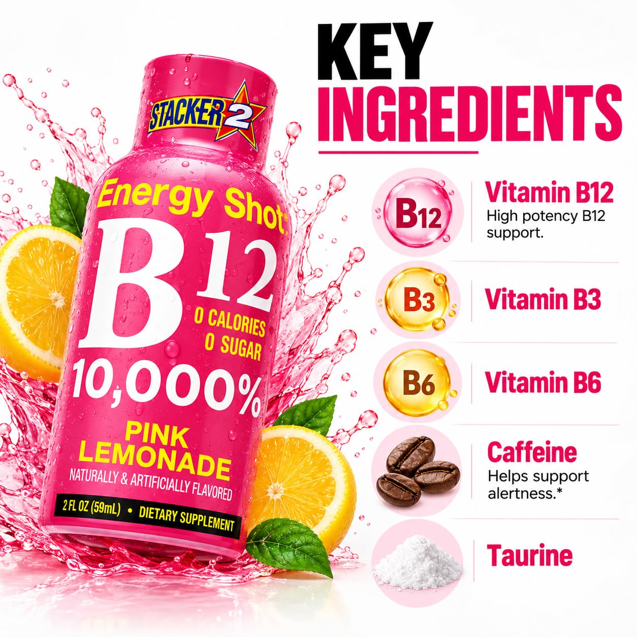 STACKER 2 B12 Energy Shots, Pink Lemonade, 12 Pack – 10,000% Daily Value Vitamin B12, Sugar Free, Zero Calories, Caffeine Energy Supplement, 2 fl oz Bottles — Amazon image 2