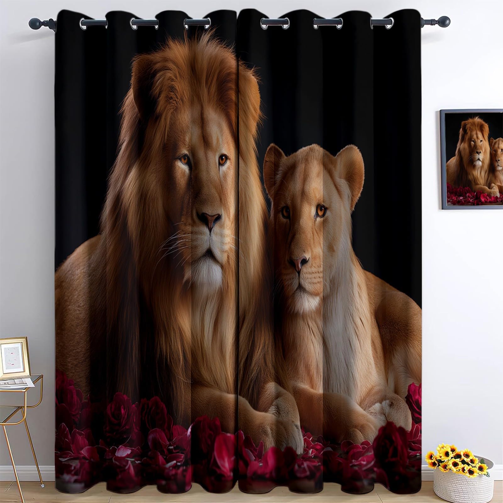 Generico Zasłony zaciemniające 3D z nadrukiem czarny nowoczesny różowy lew - izolowane termicznie zasłony do pokoju i sypialni - zestaw 2 paneli 110 x 215 cm poliester