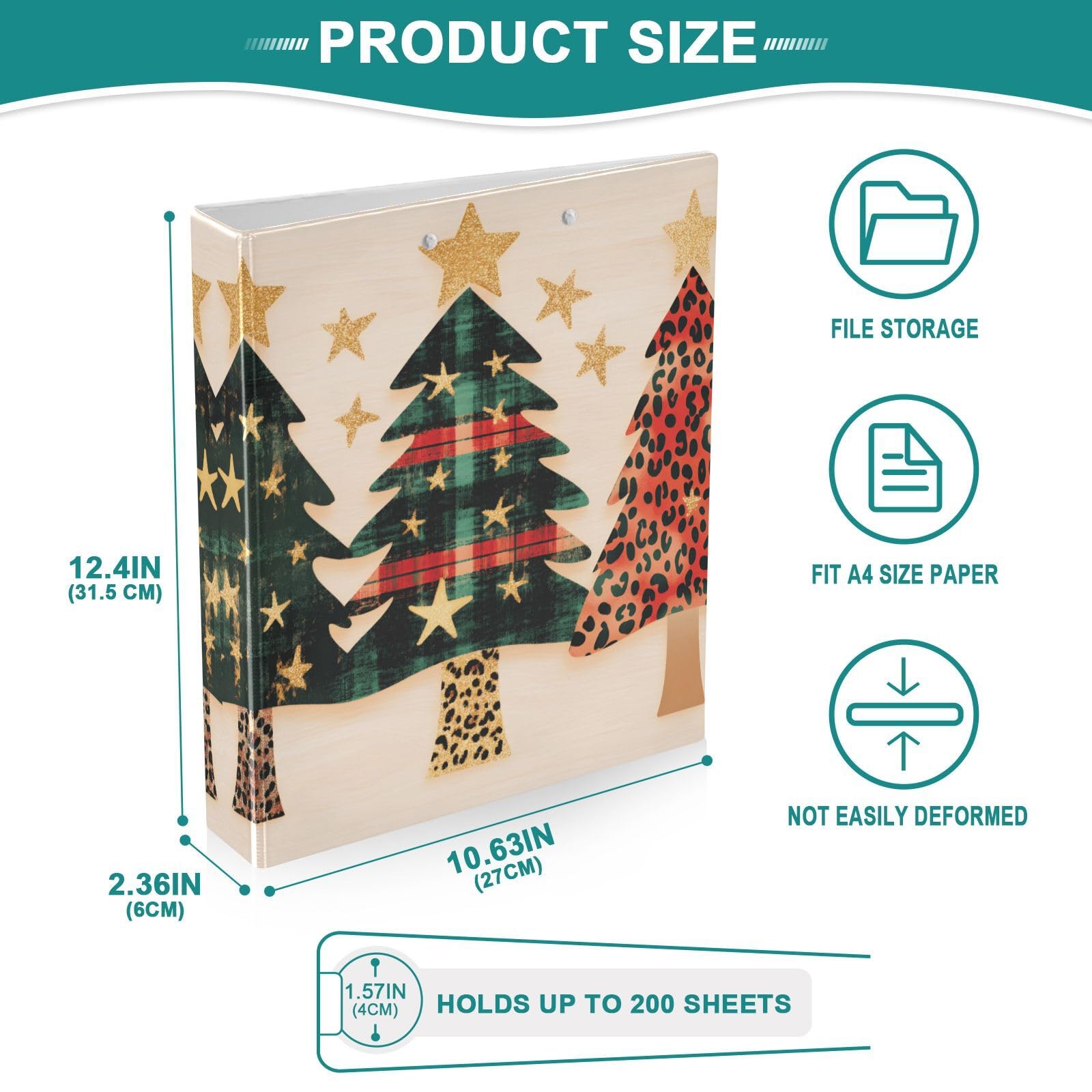 Confezione da 2 raccoglitori a 3 anelli, con tre alberi di Natale con stampa leopardata, 3,8 cm, con 3 tasche trasparenti, portablocco e contiene 200 fogli, per ufficio, scuola