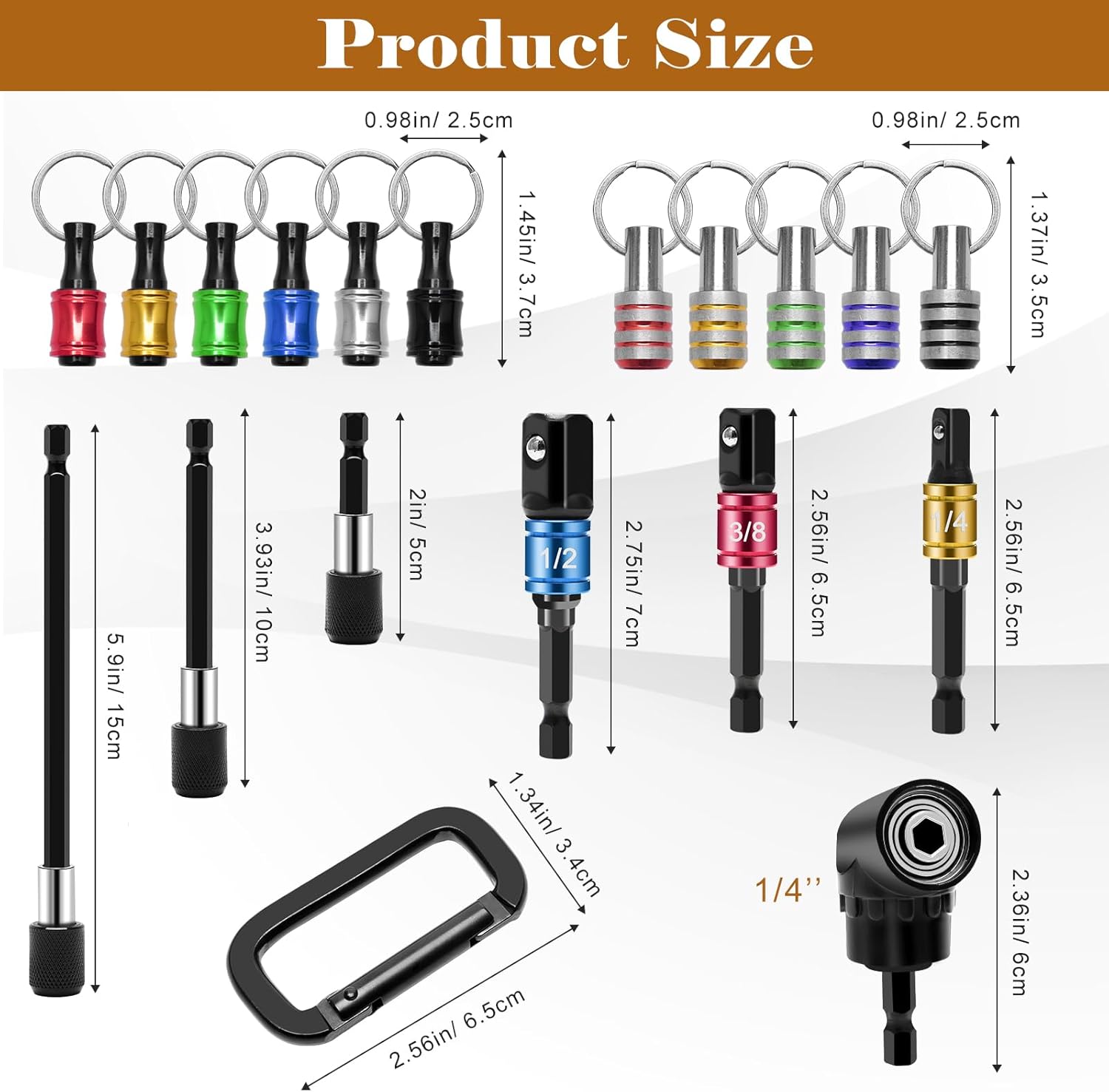 18PCS Bit Holder Cool Gadgets, 11P Drill Bit Holder Keychain/ 3P Impact Drill Sockets Adapter/ 3P 1/4’’ Quick Hex Shank/ 105°Right Angle Driver with 1/4’’Hex Shank