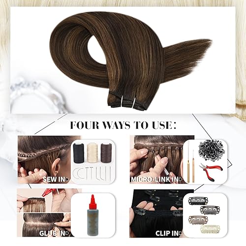 Miniatura 7 de Moresoo Extensiones de cabello humano de 22 pulgadas, doble trama, cosidas, extensiones de cabello humano castaño oscuro con mechas de cabello