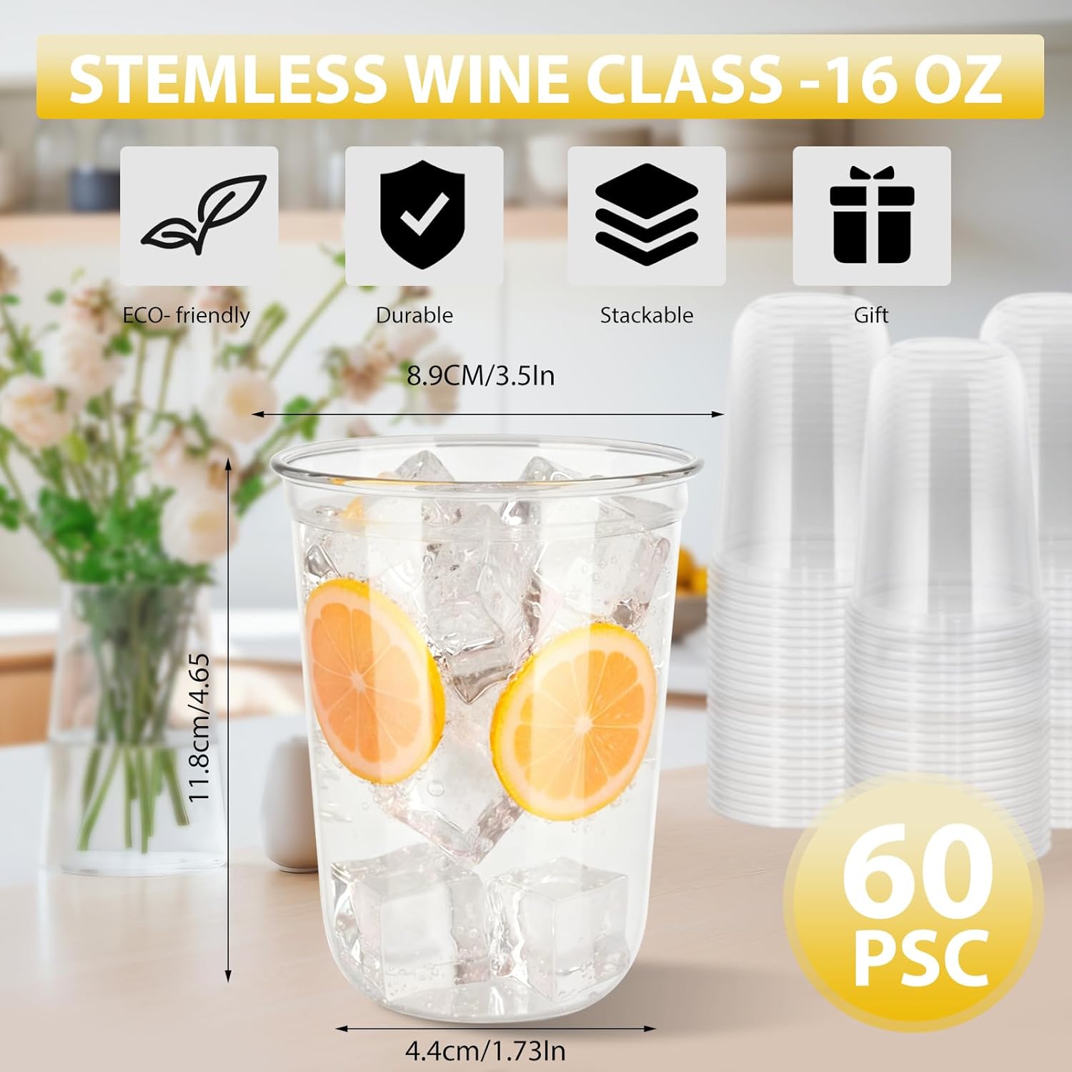 60 Pcs Disposable Stemless Clear Glasses 16 oz NATURAL Arc Crystal Plastic wine glasses Clear Classic Pet Cup for Meeting Weddings Birthdays Cocktail Christmas Party Supplies - Image 2
