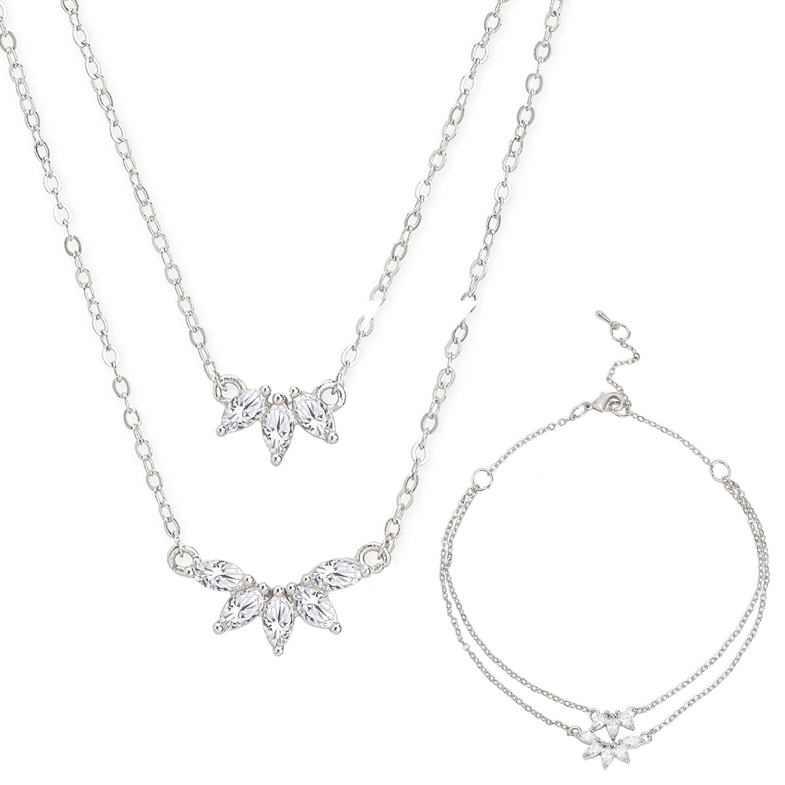MINUTIAE Double Layered Chain Combo Pendant Necklace And Anklet With Flower Cut Diamond For Women and Girls (B0CCNPJLP7) Amazon Price History, Amazon Price Tracker