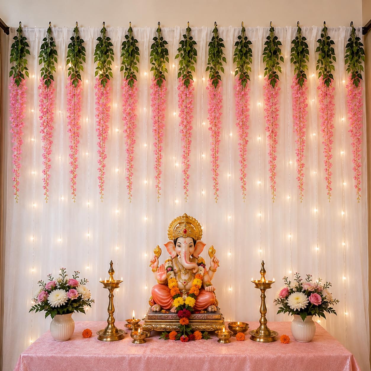 Lazybeee Backdrop Decoration Kit | Net Curtain & Artificial Plant Vines for Ganesh Chaturthi, Haldi & Mehndi, Home Decor & Birthday & Parties | (Ganesh Backdrop Design 4 - C1)