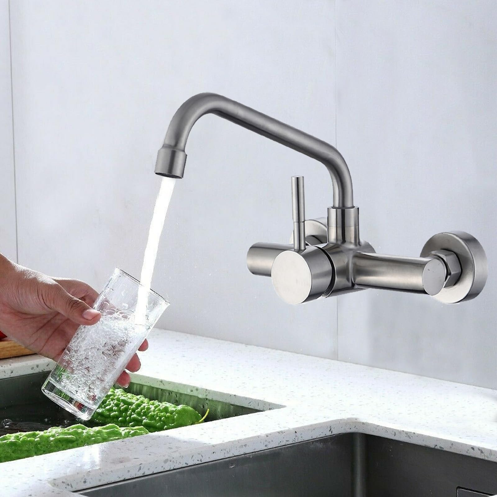 Robinet de cuisine mural pour évier avec bec rotatif pratique à 360