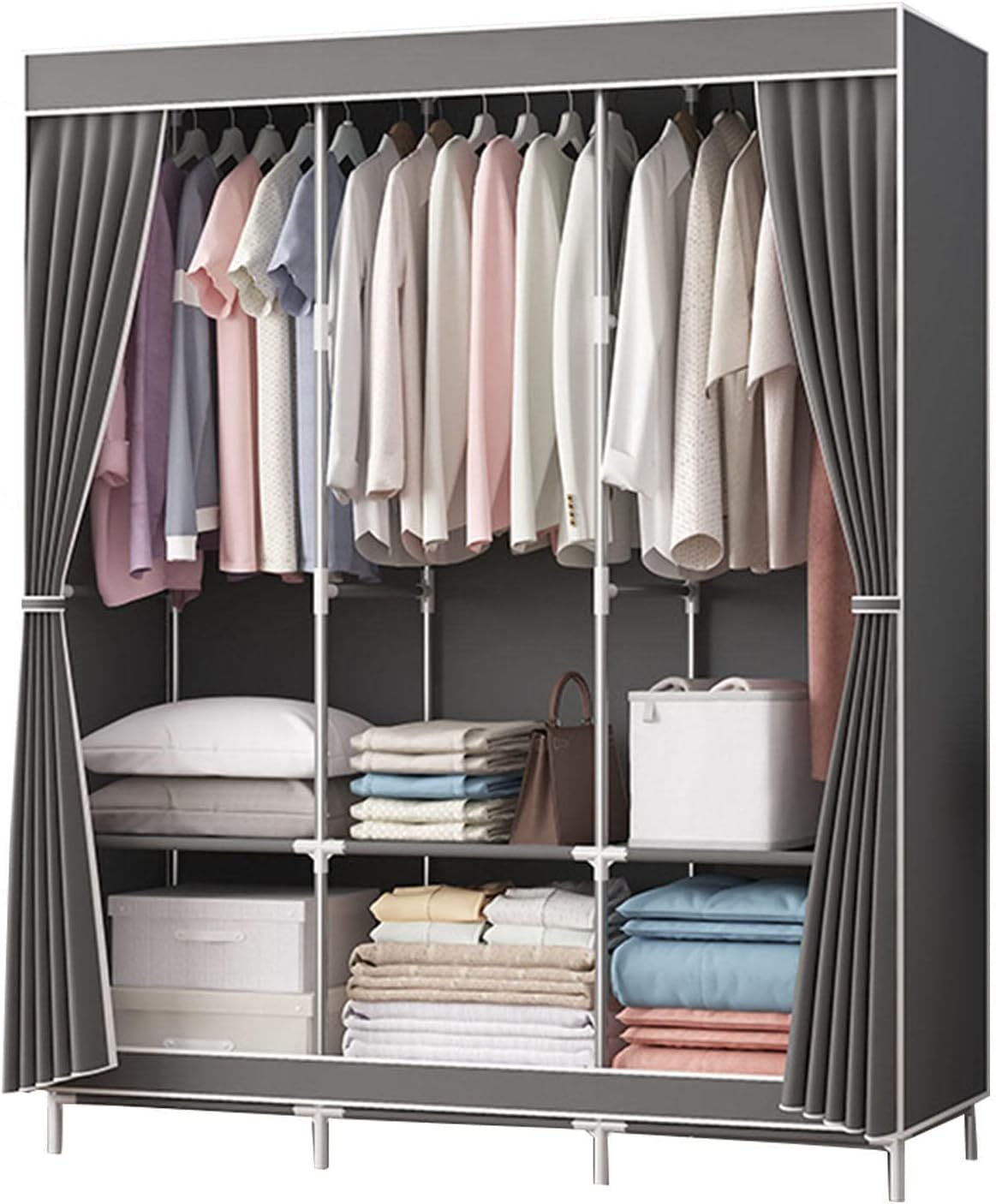 Canvas Wardrobe, Portable with Hanging Rail and Shelves, Clothes Closet Storage Organizer for Bedroom,Brown-128x45x170cm