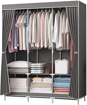 Canvas Wardrobe, Portable Fabric Wardrobe with Hanging Rail and Shelves, Clothes Closet Storage Organizer for Bedroom,Grey-128x45x170cm