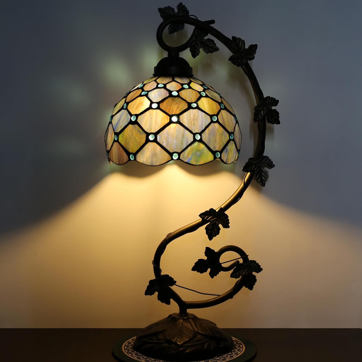 Tiffany Table Lamp Stained Glass Small Lamp 8 x 10 x 21 Inches Metal Leaf Base Bedroom Living Room Study Desk Reading Light (Blue Beads Style)