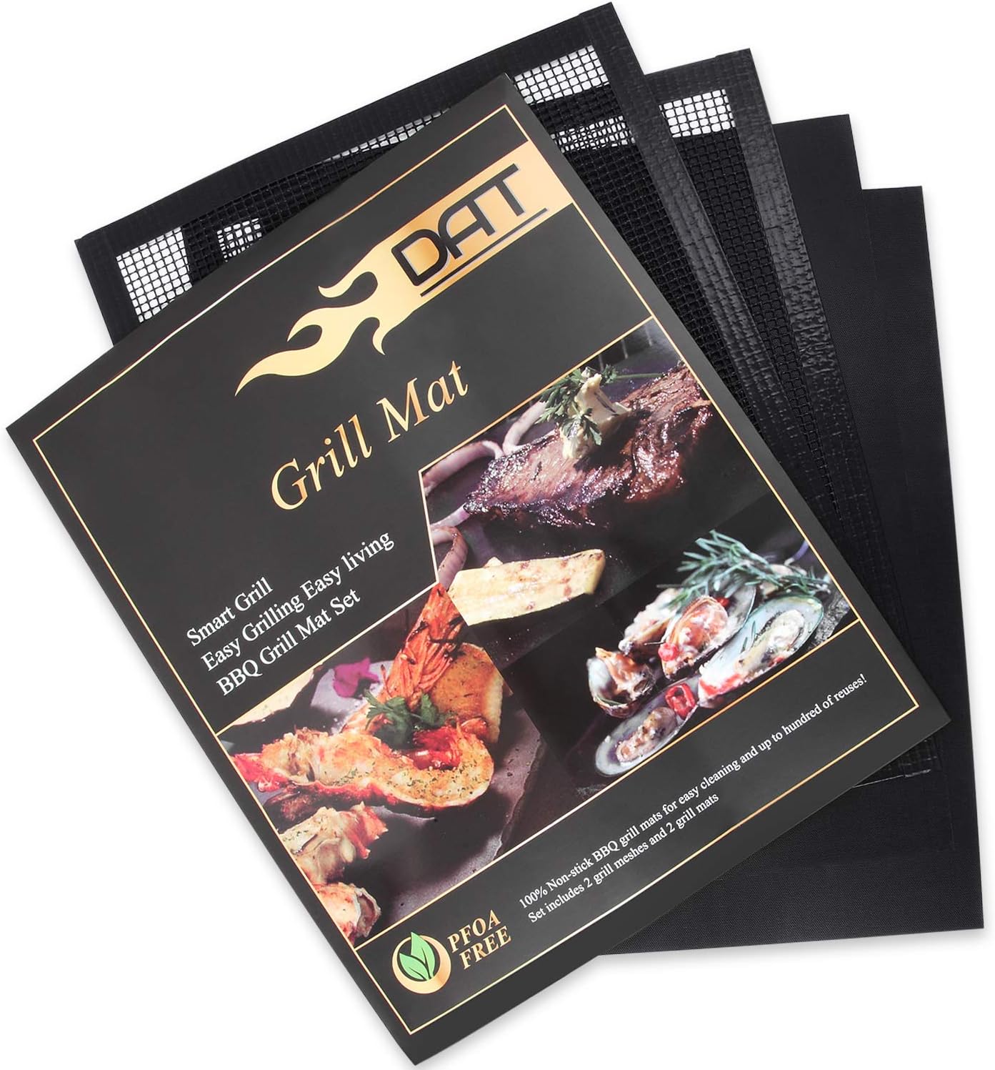 DAT Non-Stick BBQ Grill Mat Set, 2 Grill Mats 2 Grill Meshes, Reusable Easy-Clean Barbecue Grill Baking Accessories, (15.75" x 13")