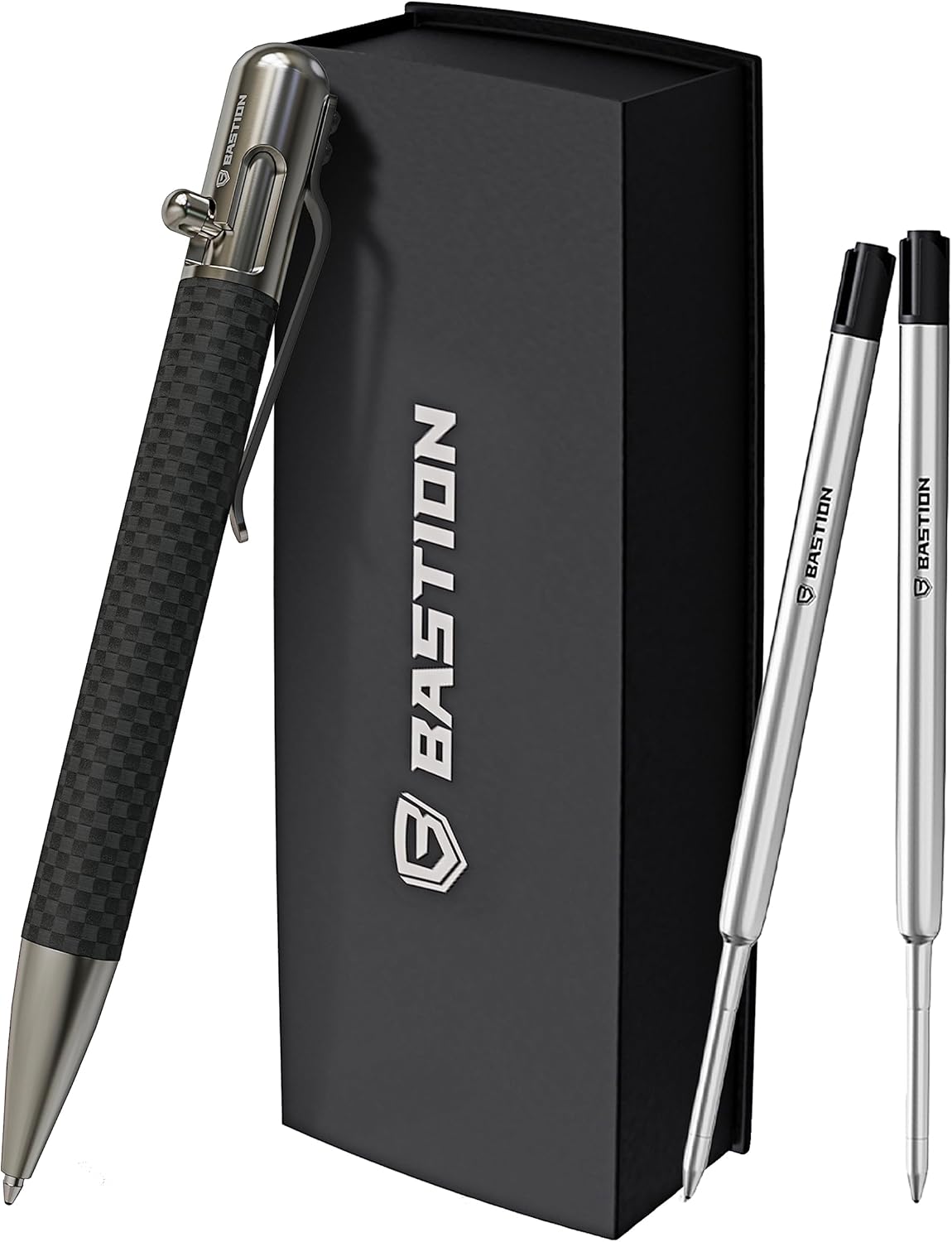 BASTION Bolt Action Pen | Carbon Fiber and Stainless Steel | Extra Black Ink Cartridge Fine Point (0.5mm) For Women and Men Gift Ballpoint Pen Combo 2 Standard Ink Refill