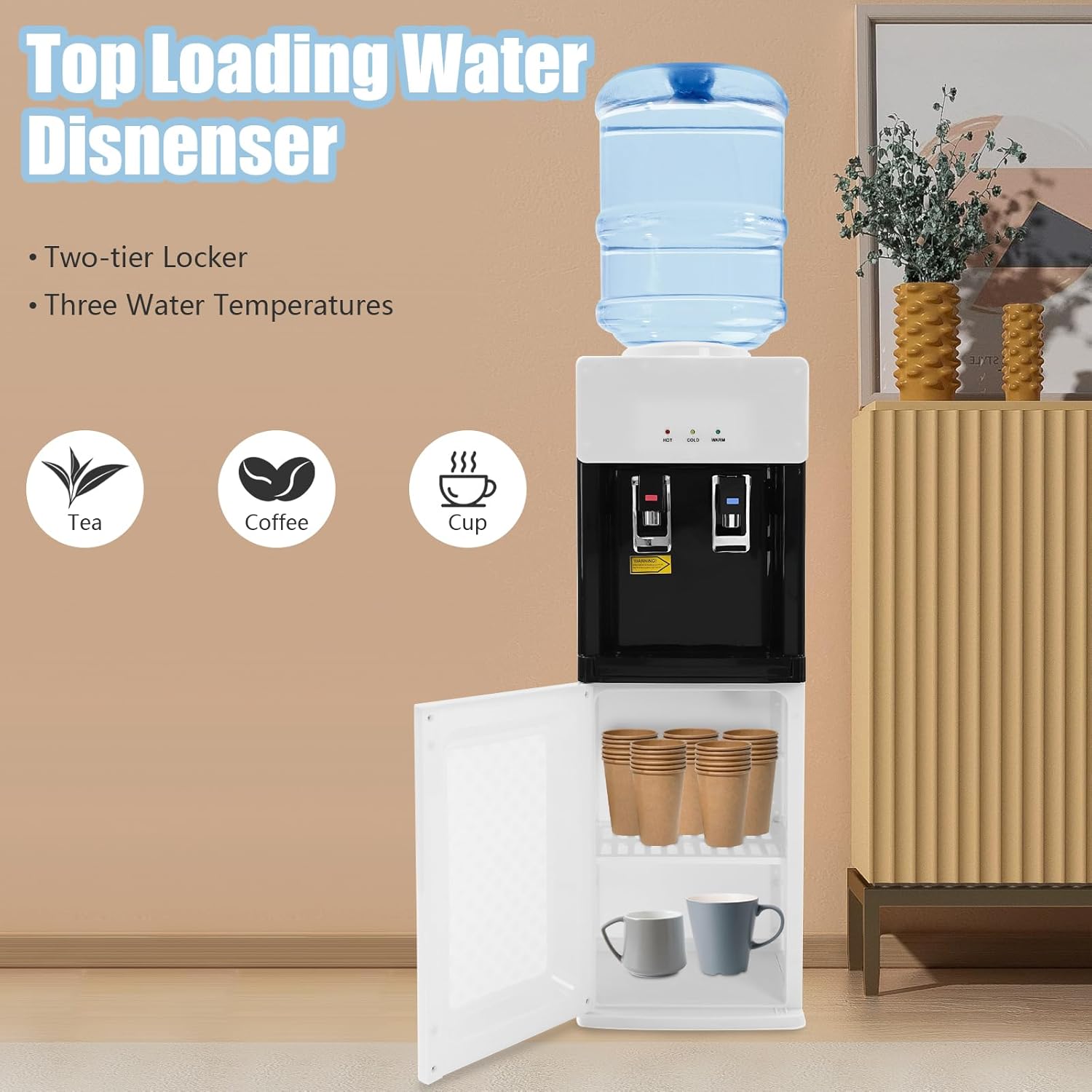 Top Loading Water Cooler Dispenser, Water Dispenser for 3 or 5 Gallon Bottles, Child Safety Lock, Standing Hot& Cold Water Dispenser for Home, Office, Living Room