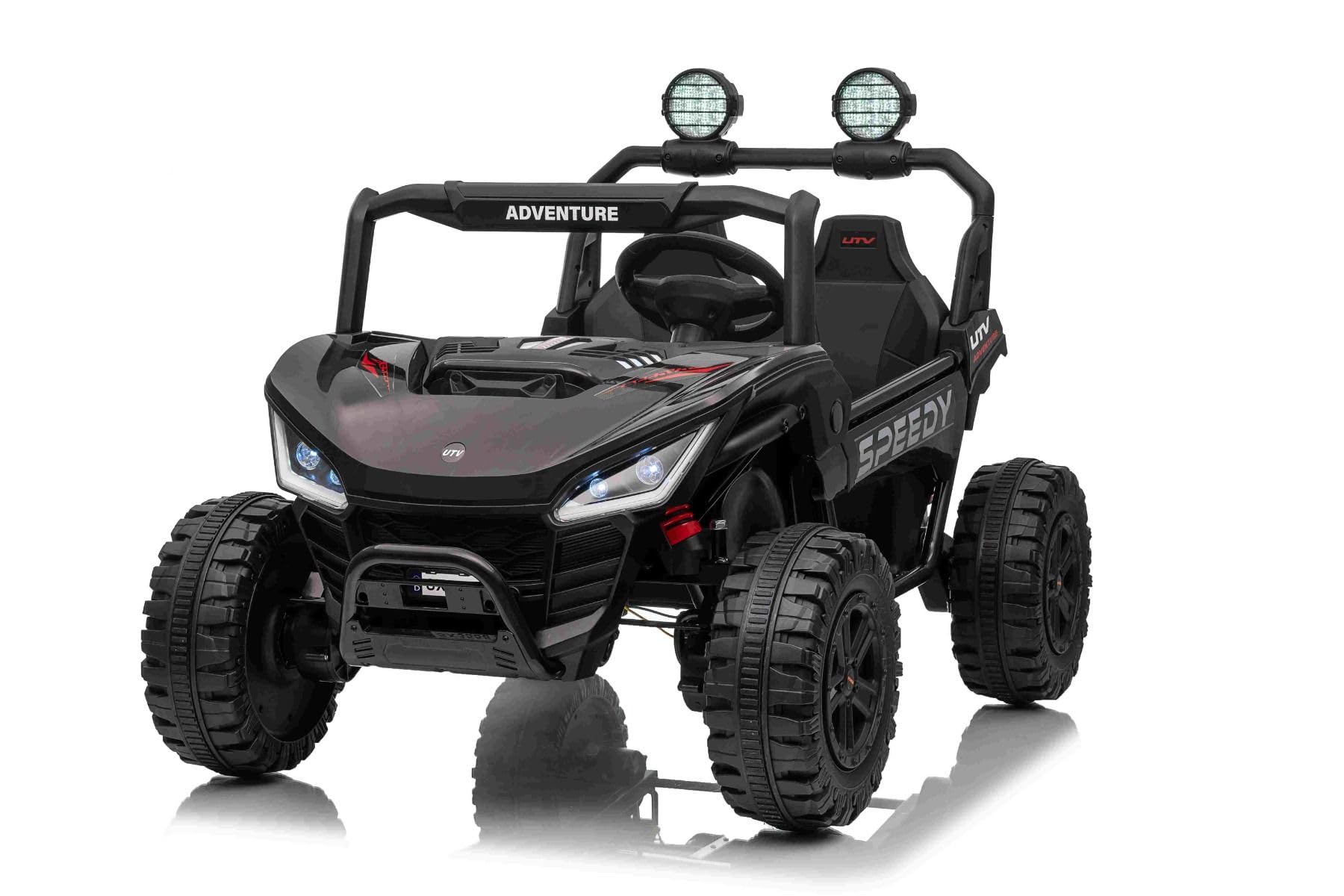 Elektryczny samochód dla dzieci T-Rex Ride 4x4, dwumiejscowy, 24V, czarny, odtwarzacz MP3 z wejściem USB/AUX, skrzynia biegów 4x4, bateria litowa, zawieszenie, pilot zdalnego sterowania, reflektory