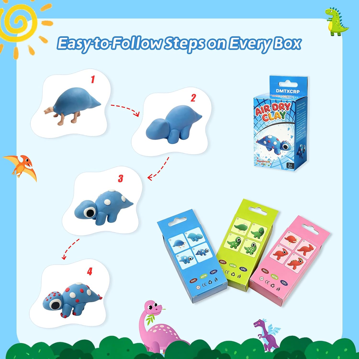 DMTXCRP Air Dry Clay Dinosaur Kit for Kids, 12 Dino Skeleton Craft Set | 12 individual boxes, colorful materials, 3 sculpting tools, step-by-step guide, STEM party favors and birthday activity