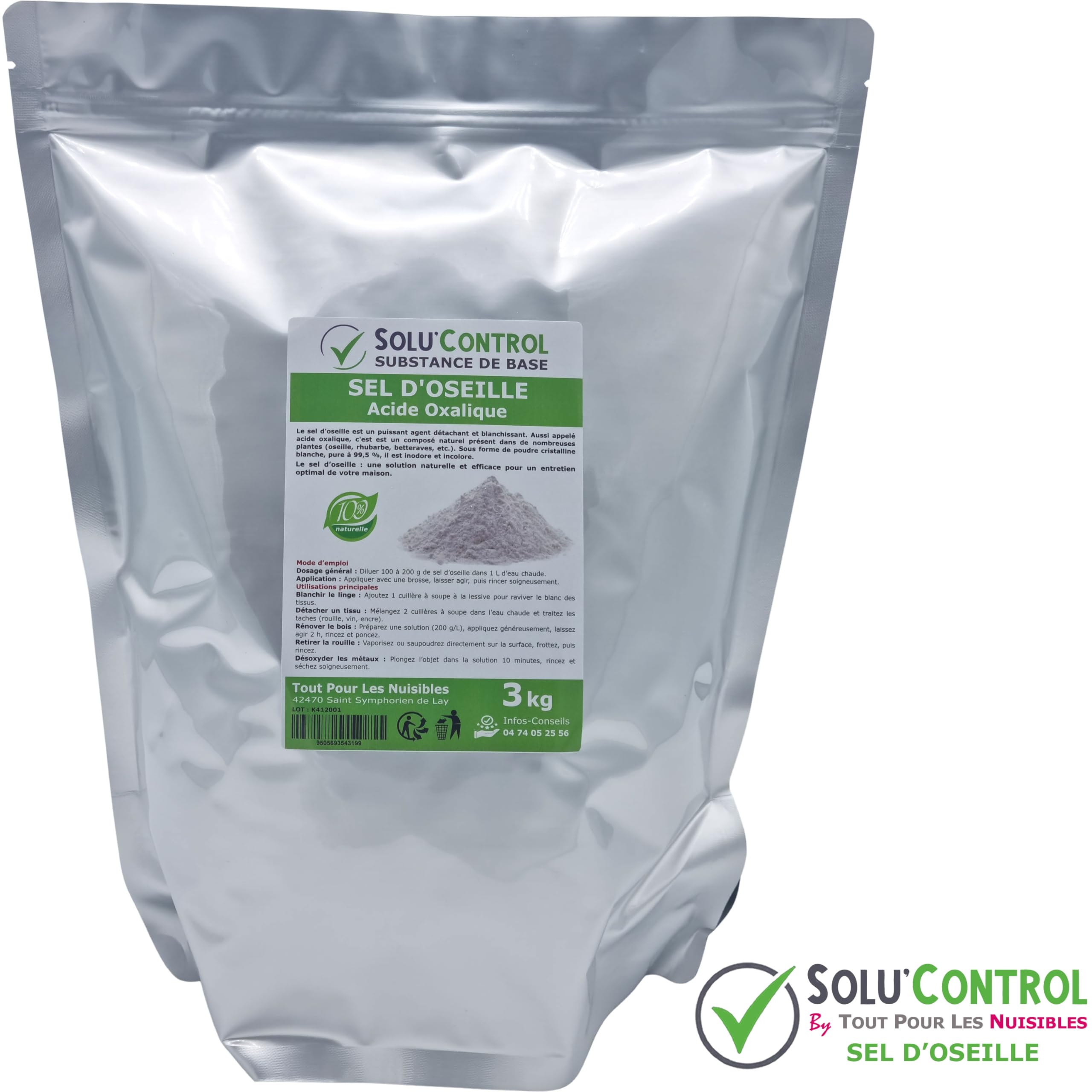 Sel d’Oseille 3 kg - Acide Oxalique 100% Naturel - Blanchir, Détacher, Rénover et Désoxyder