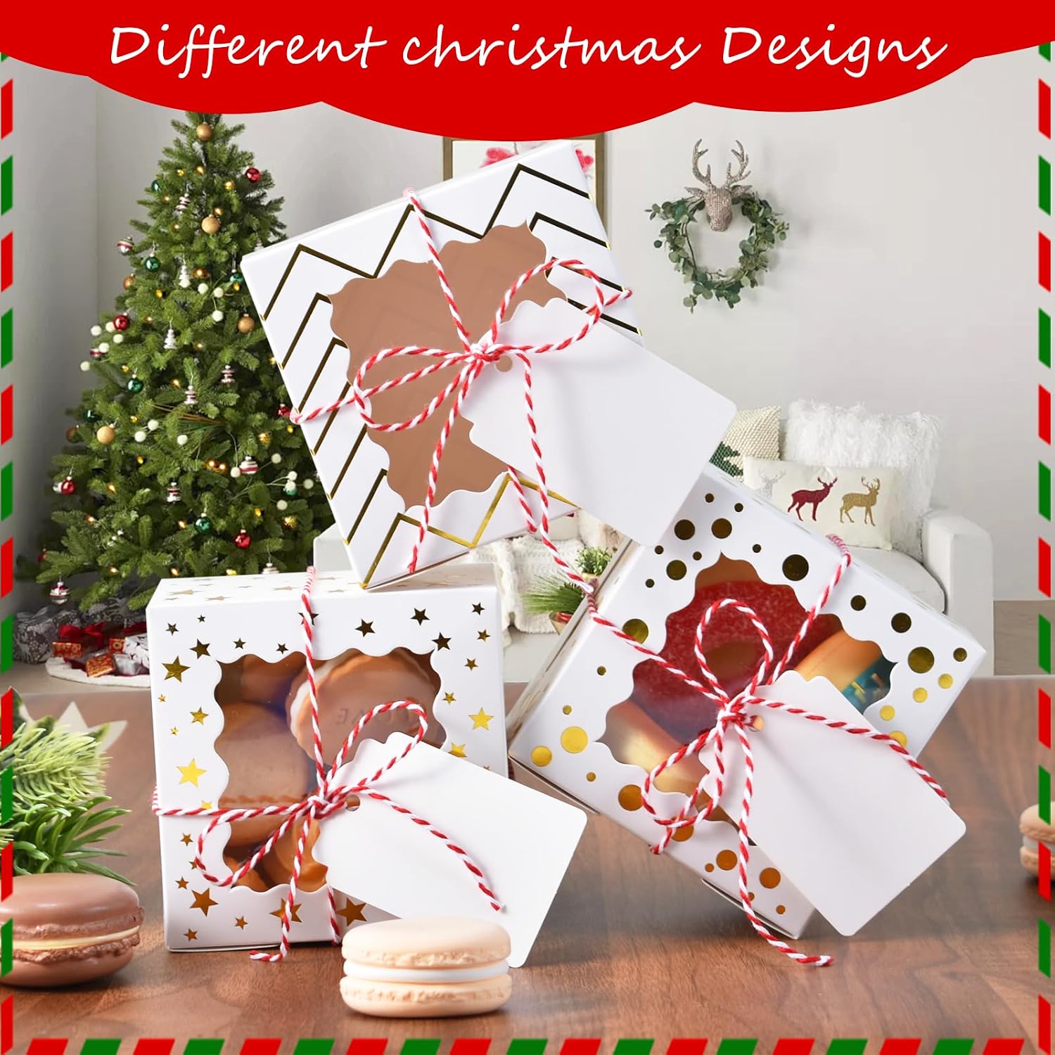 KPOSIYA 30pcs Christmas Cookie Boxes for Gift Giving, 4x4x2.5in White Bakery Boxes with Window for Treat and Pastry，Holiday Small Treat Boxes for Dessert, Donut, Mini Cake,Thanksgiving image 3