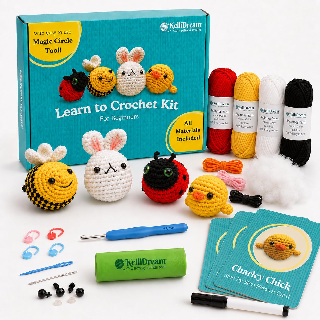 KelliDream Kit de ganchillo para principiantes con herramienta de círculo mágico; aprende a tejer con tutoriales en video paso a paso; suministros de ganchillo para hacer lindos animales de ganchillo