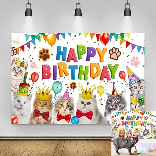 Telón de fondo de feliz cumpleaños de 5 x 4 pies para sesión de fotos, cachorro, perro, gato, perrito, dueño de mascotas, fondo de fiesta temática