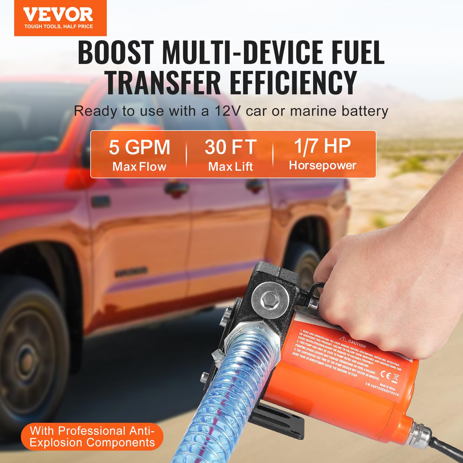 VEVOR Pompa di Trasferimento Carburante, 12 V CC 5 GPM 1/7 HP, Pompa Elettrica Portatile con Ugello Carburante, Spegnimento Automatico, Tubo Flessibile Lungo per Benzina Diesel Miscele di Metanolo