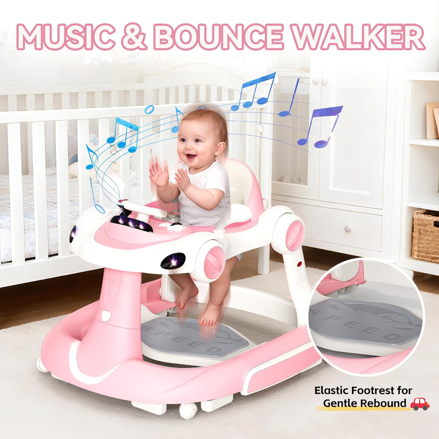 Baby Walker with Wheels, 7-in-1 Foldable Baby Walkers for Boys Girls 6-12 Months with Feeding Tray & Music, Lights,Rocker,Sun Canopy, Bouncing Pedal, Adjustable Wheel Speed, Push Walker (Pink) - Image 6