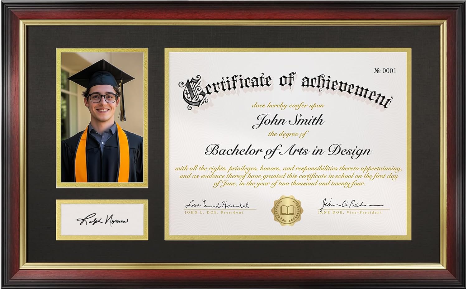11x19 Diploma Frame, Display for 8.5x11 Certificate & 4x6 Photos, Tempered Glass with Acid-Free Black over Gold Mat, Degree Frame for Graduation, Mahogany with Gold Trim
