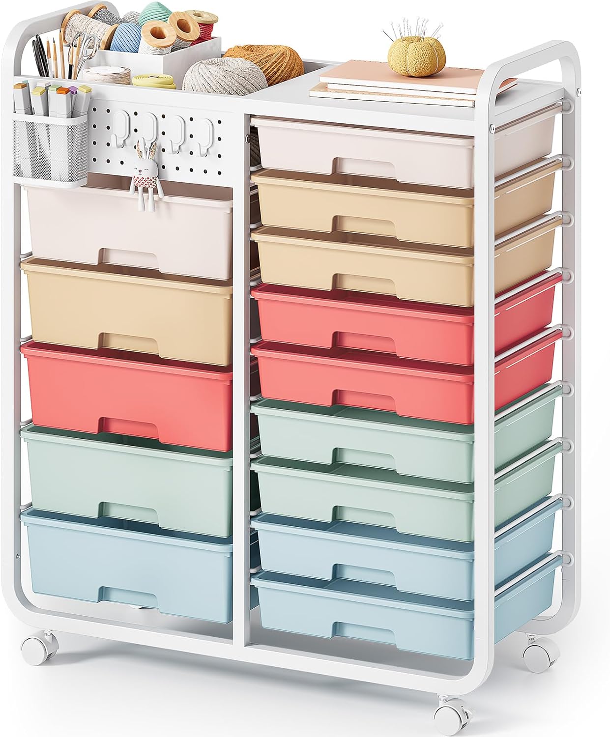 SYKIARIOL 14 Drawer Rolling Cart with Tabletop & DIY Pegboard, Storage Cart with Wheels, Classroom Organizers Utility Cart for Office Home School, Art Supplies, Mobile Craft Organizer, Rainbow