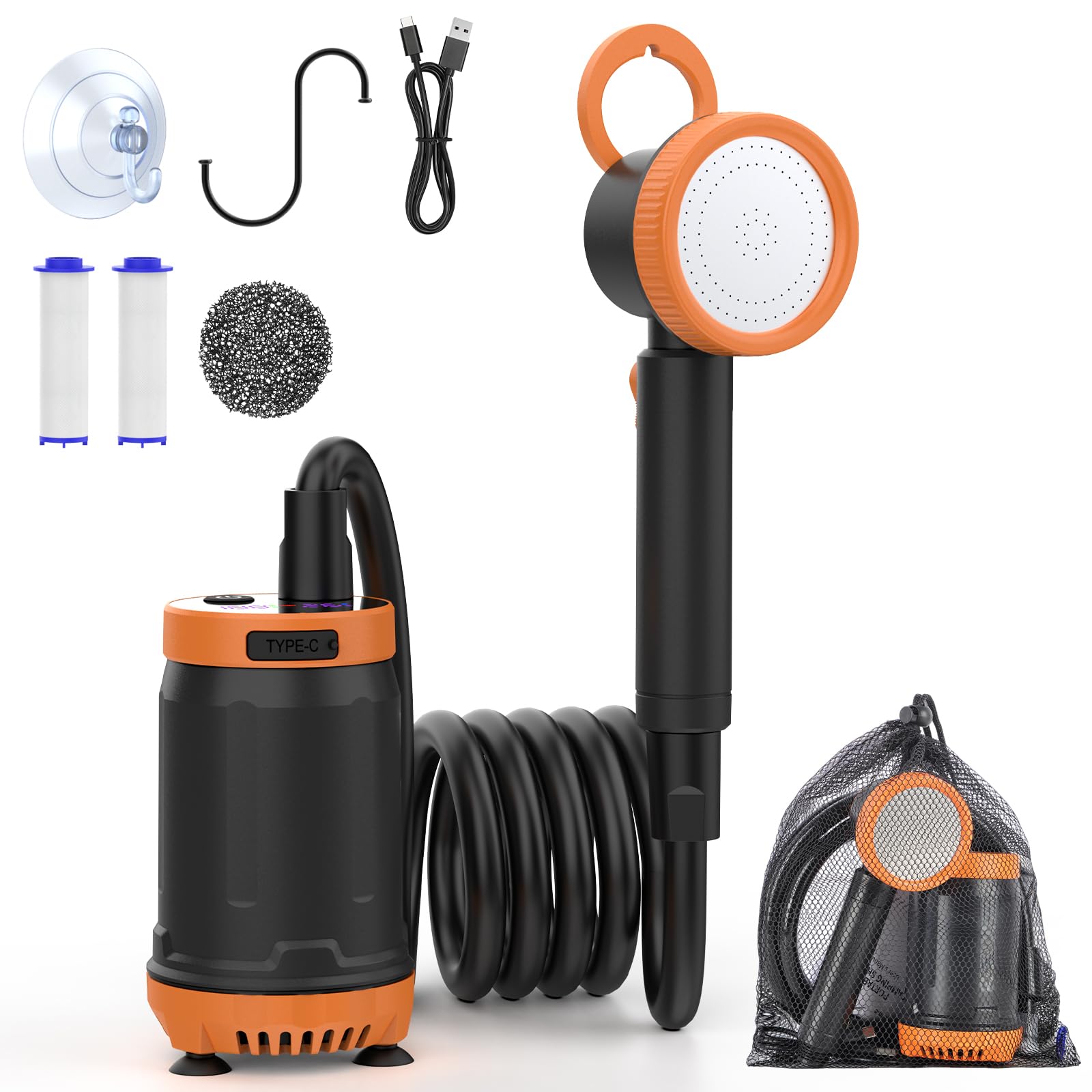 Doccia da Campeggio Portatile, 8000mAh Doccia Portatile Pompa Doccia Subacquea Ricaricabile USB Display LCD, IPX8, per Camper, Viaggio, Spiaggia, Animali Domestici