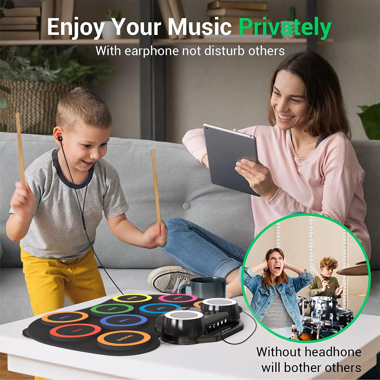 Juego de batería electrónica de 9 almohadillas con luces LED, kit de batería electrónica portátil Bluetooth, almohadilla de práctica enrollable, altavoces duales integrados, auriculares, 4