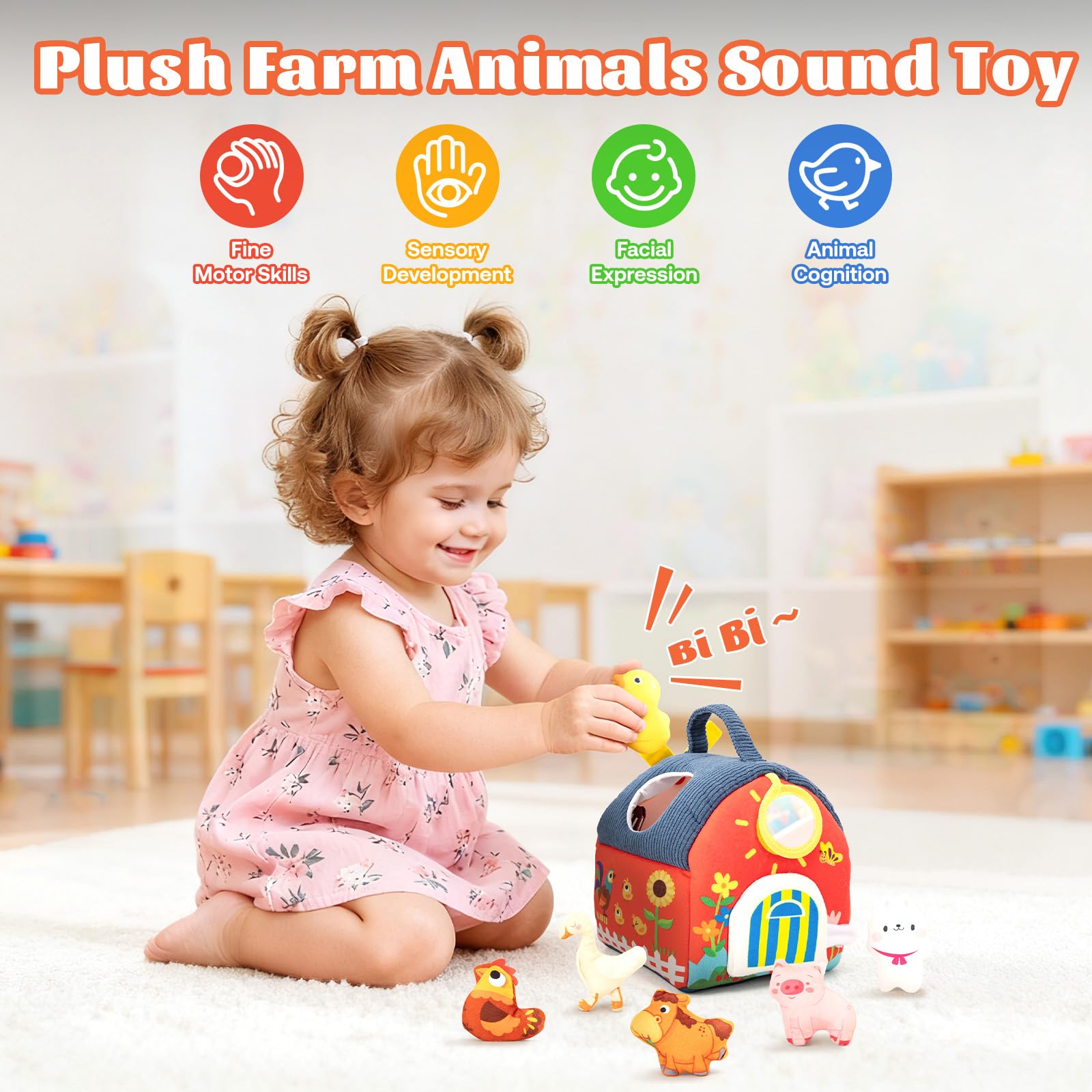 Giochi Montessori Neonato 6-36 Mesi,Fattoria Animali Bambini Giocattoli, con Specchio,6 Peluche Animali,Gioco Educativi Sensoriale,Suoni Regalo Bambina