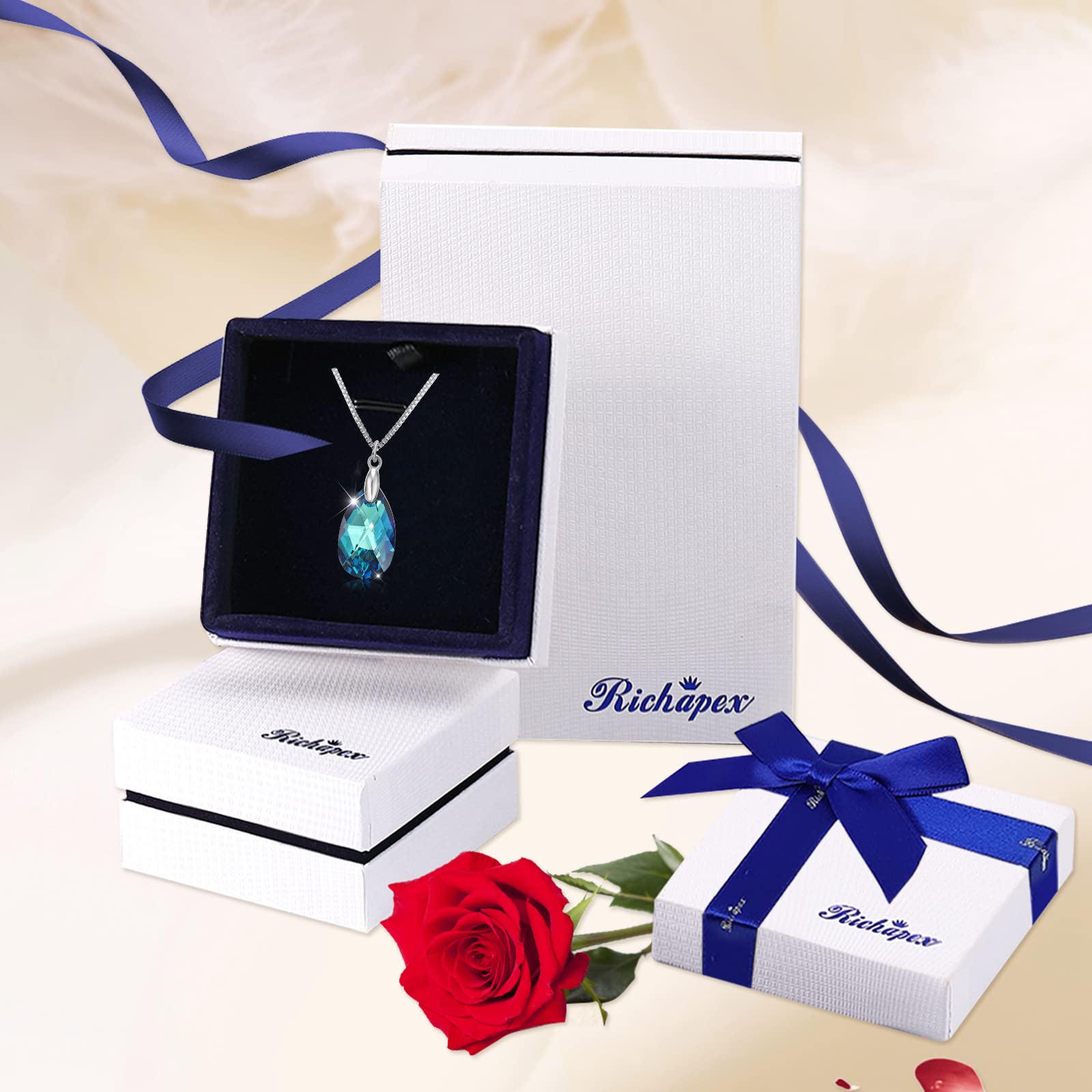 Richapex Collana da donna a forma di goccia Collana in cristallo austriaco blu in argento 925