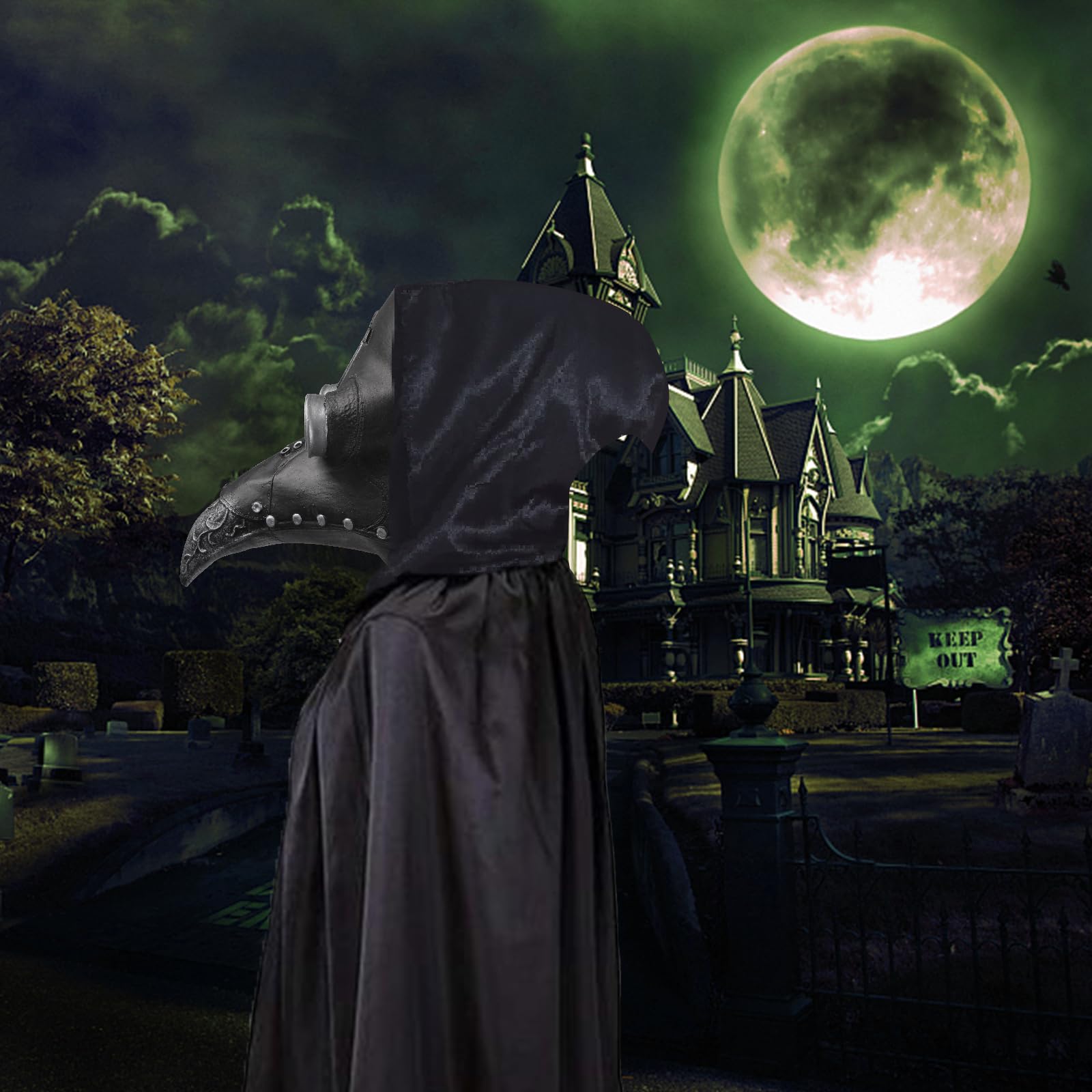 Plague Doctors Mask, Halloween Costume Props Long Nose Beak Mask, Gothic Cosplay Bird Mask Latex Steampunk Beak Mask with Black Hooded Cloak and Gloves for Halloween Cosplay Masquerade - Image 3