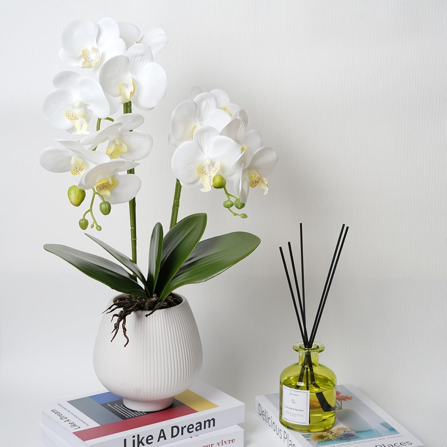 Orchid Artificial Orchids Flowers with Vase White Phalaenopsis Plant Silk Faux Orchids Fake Flowers Arrangements for Home Decoration Living Room Office Bedroom Bathroom Kitchen Dining Room - Image 2