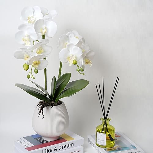 Miniatura 2 de Orquídeas artificiales con florero, plantas de Phalaenopsis blanca, arreglos de flores artificiales de seda, arreglos florales falsos para