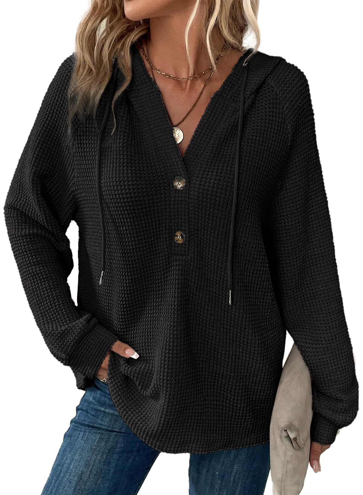 Dokotoo Damen Kapuzenpullover Knopfleiste V-Ausschnitt Hoodie Pullover Langarm Casual Sweatshirt Oberteil Tops S-XXL