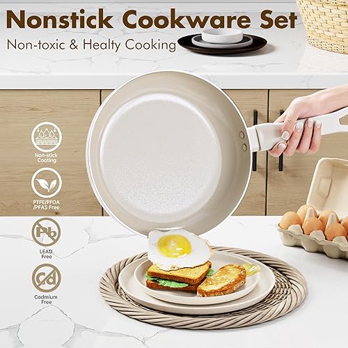 Miniatura 3 de Juego de ollas y sartenes con revestimiento de cerámica antiadherente, 6 piezas de utensilios de cocina de cocina, sin PFOAPFOS resistente al calor,