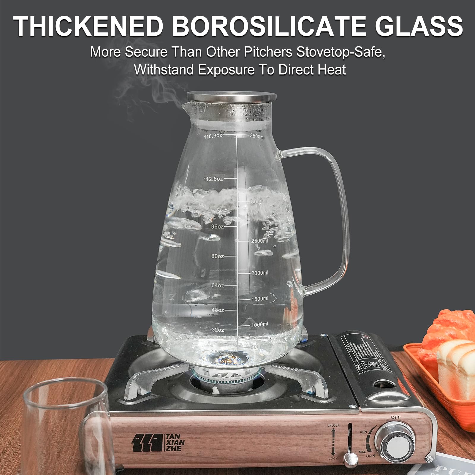 Jarra de vidrio con tapa, jarra de agua de vidrio de 125 onzas con línea de escala precisa, jarra de té helado grande de acero inoxidable, vidrio de borosilicato grueso fácil de limpiar para bebidas