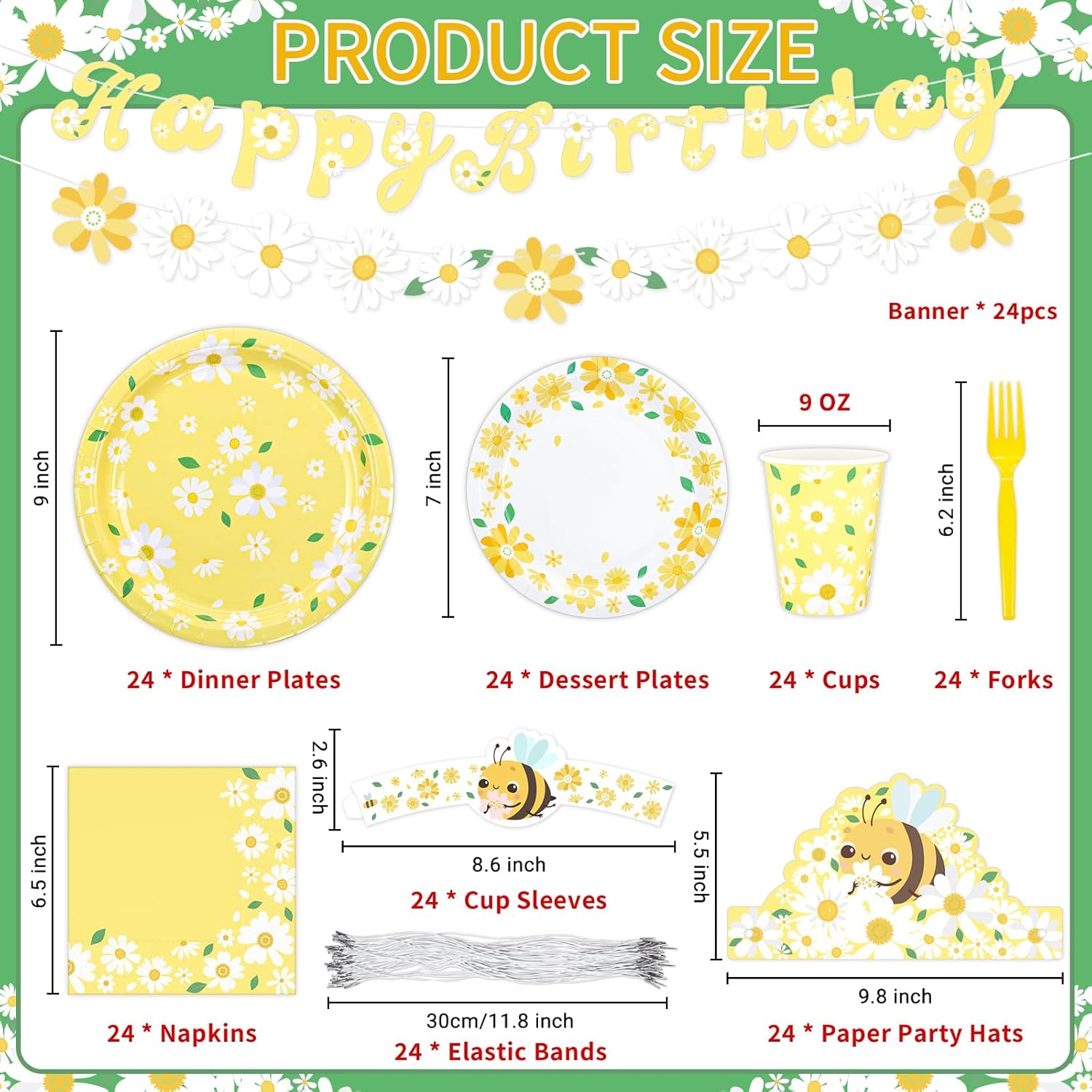 DYLIVeS Yellow Daisy Party Decorations, 192pcs Summer Supplies With Plates, Napkins, Cups, Sleeves, Bee Hats, Banner, Forks for Girls Birthday Baby Shower