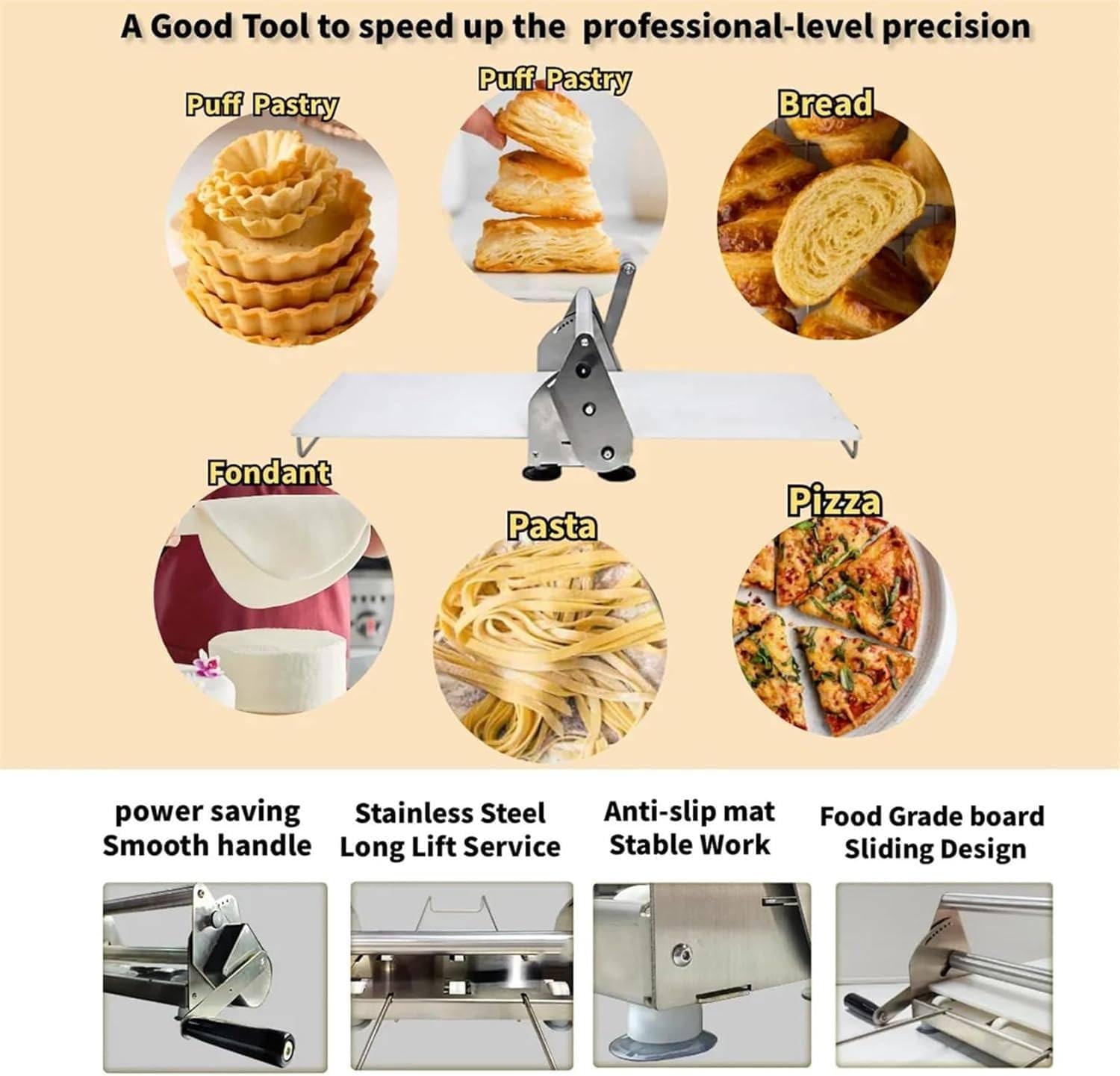 Máquina laminadora de masa para panadería, pizza y croissant, rodillos de acero inoxidable de grosor ajustable, equipo de pastelería comercial plegable