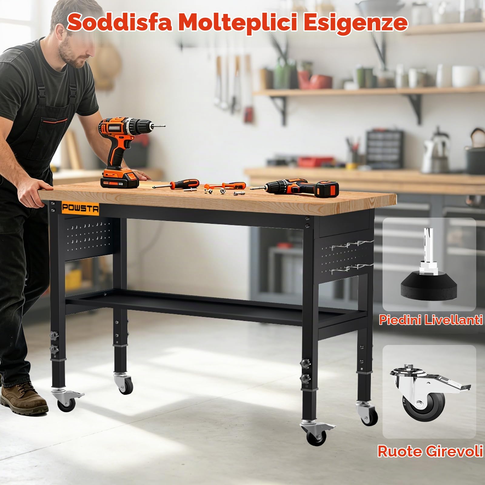 Banco da lavoro da 120 cm, tavolo da lavoro a 2 ripiani, portata 900 kg | 5 altezze regolabili, con pannello forato, ruote girevoli e 6 ganci per garage/officina/ufficio/casa/uso commerciale