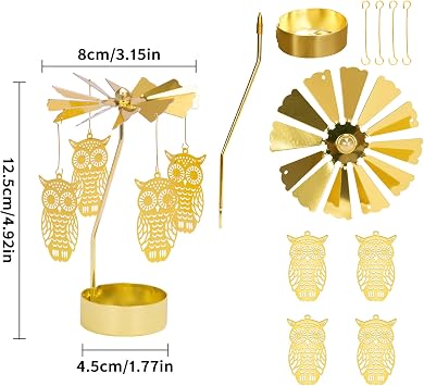 Spinning Candle Holder, Gold Tea Lights Candle Holder Owl Carousel Candle Spinner, Rotating Metal Candle Holders for Table Centerpiece Owl Tealight Holder for Christmas Festival Home Decor